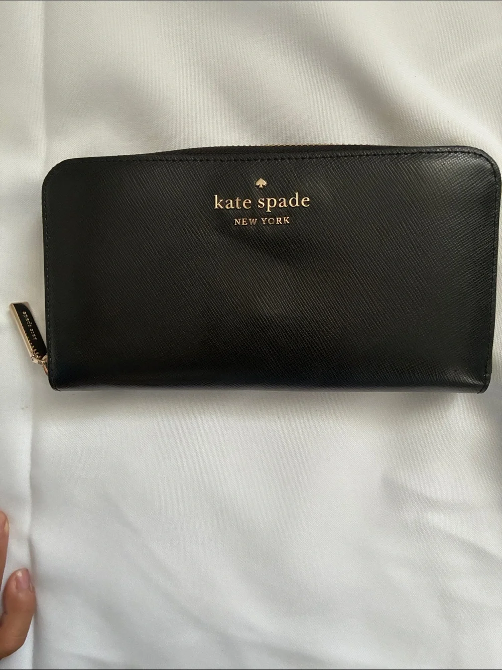 kate spade Black Saffiano Zip Wallet with Gold Logo